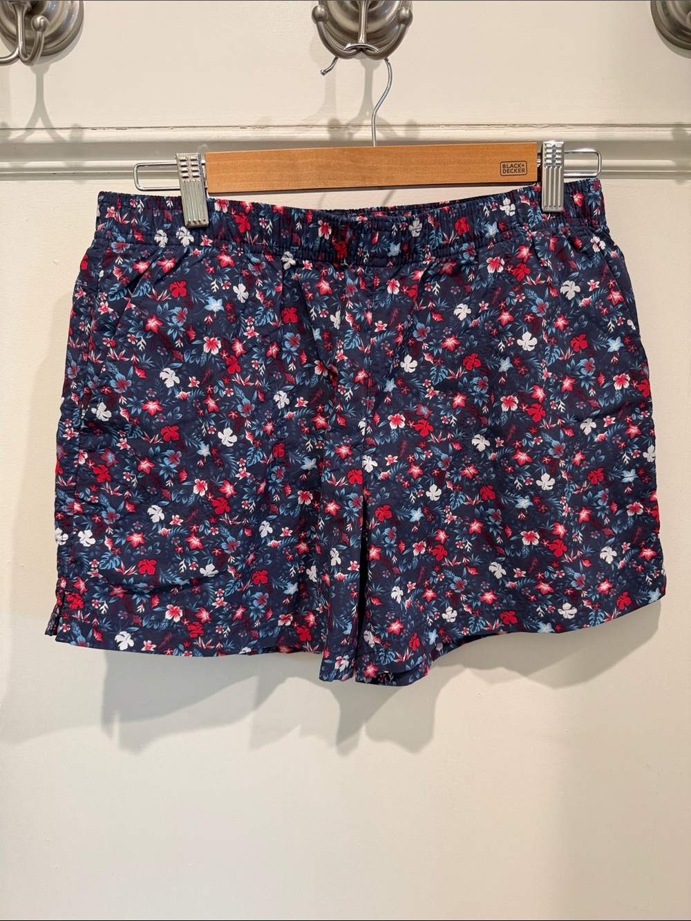 Navy Floral Athletic Shorts with Elastic Waist